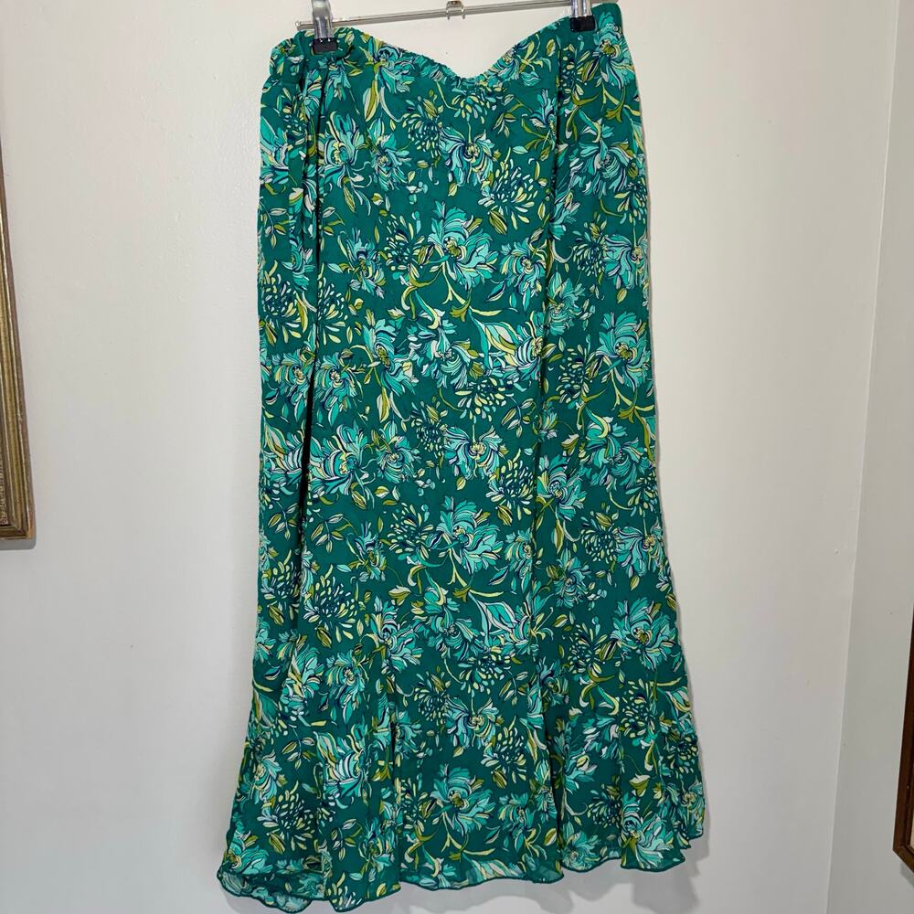 Vintage TanJay Green Teal Floral Maxi Skirt Tiered Lettuce Hem Size M